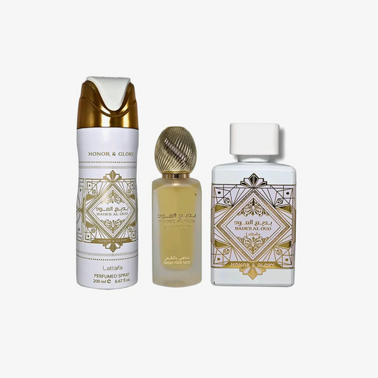 PACK BADEE HONOR Y GLORY (Perfume HONOR Y GLORY + AMBIENTADOR HONOR Y GLORY + Desodorante HONOR Y GLORY) Lataffa set Unisex