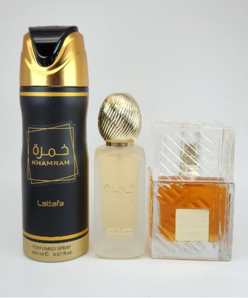 PACK KHAMRAH (Perfume Khamrah + Perfume capilar Khamrah + Desodorante Khamrah ) Lataffa set Unisex