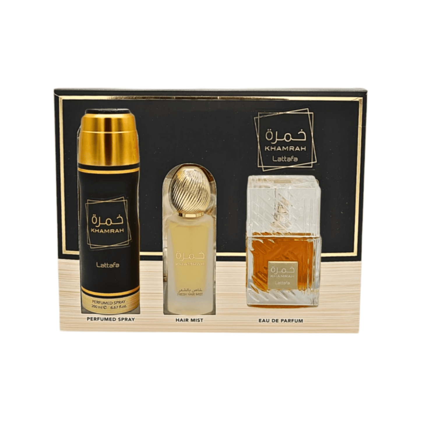PACK KHAMRAH (Perfume Khamrah + Perfume capilar Khamrah + Desodorante Khamrah ) Lataffa set Unisex